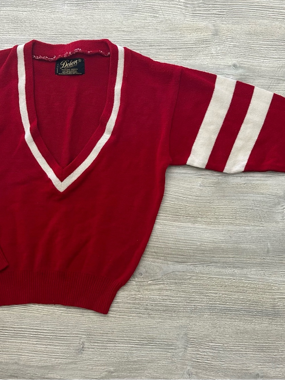 Vintage Dehen Knitting Co. Red & White Varsity Cheer V-Neck Sweater  Small